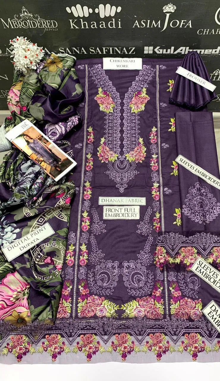 3 Pcs Women unstitched  Chikankari suit