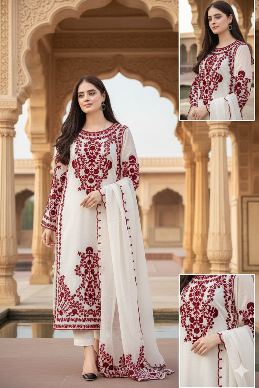 3 Pcs Women's Stitched Organza Embroidered Suit
