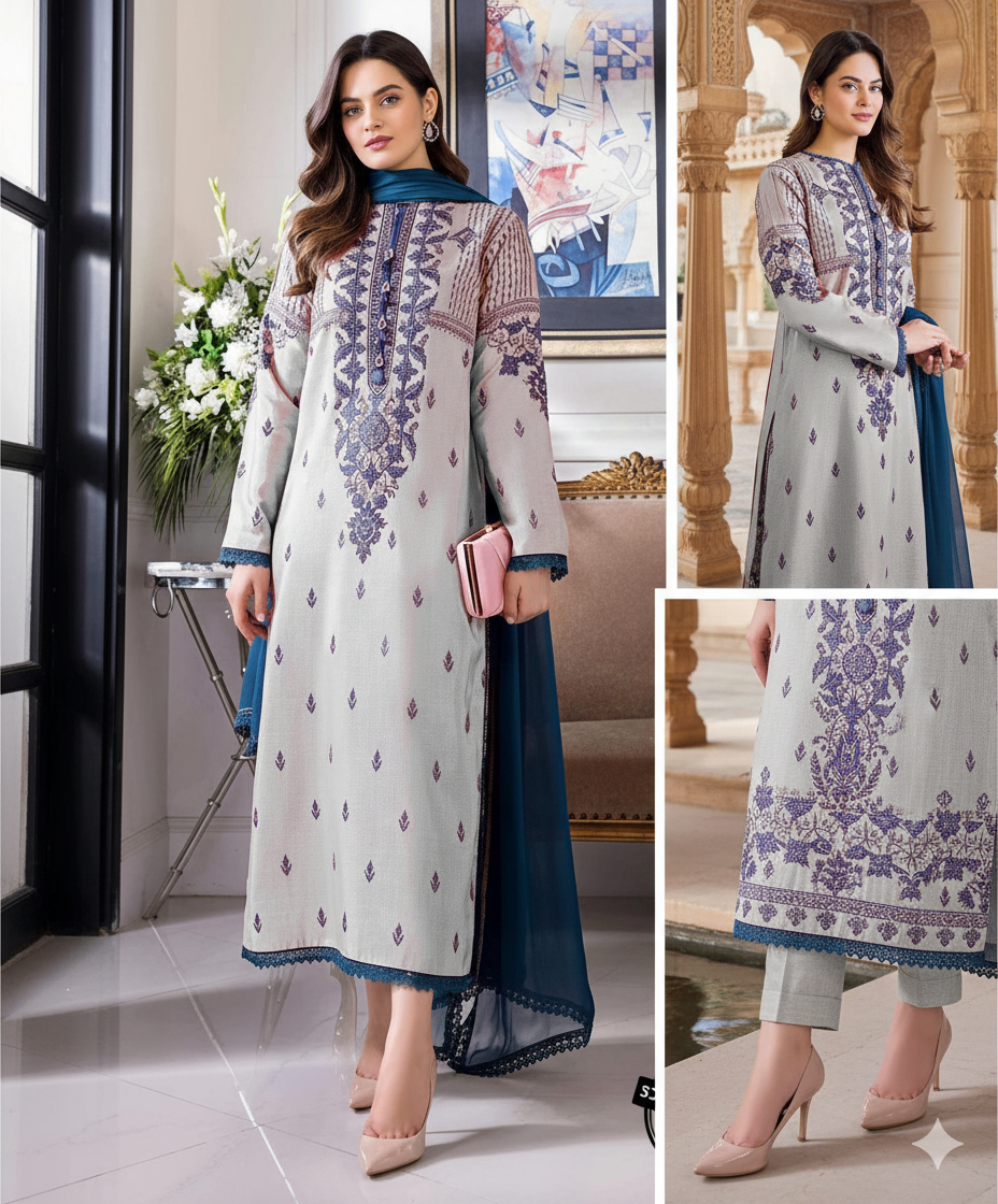 3 Pcs Women's Unstitched Embroidered Suit