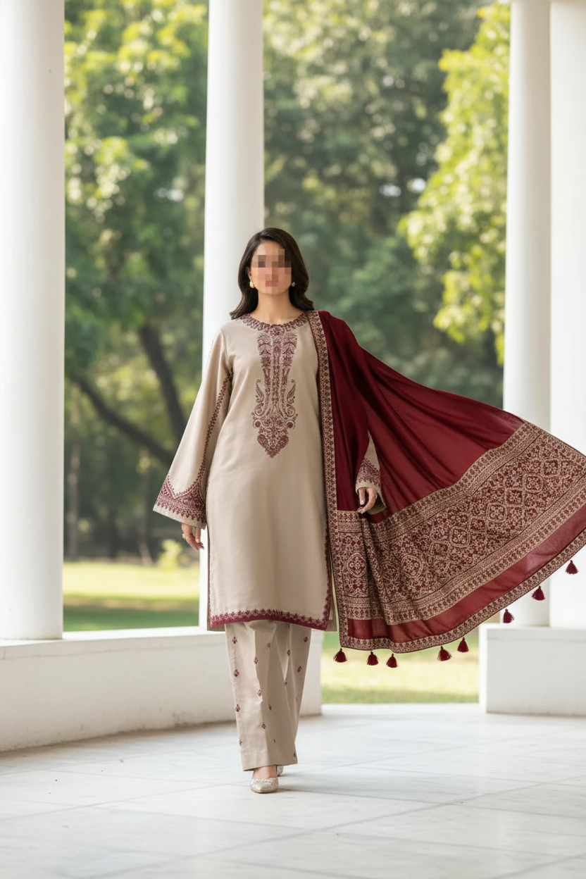 Enhanced 2K Beige Maroon Embroidered Outfit Dynamic Pose - 266x400