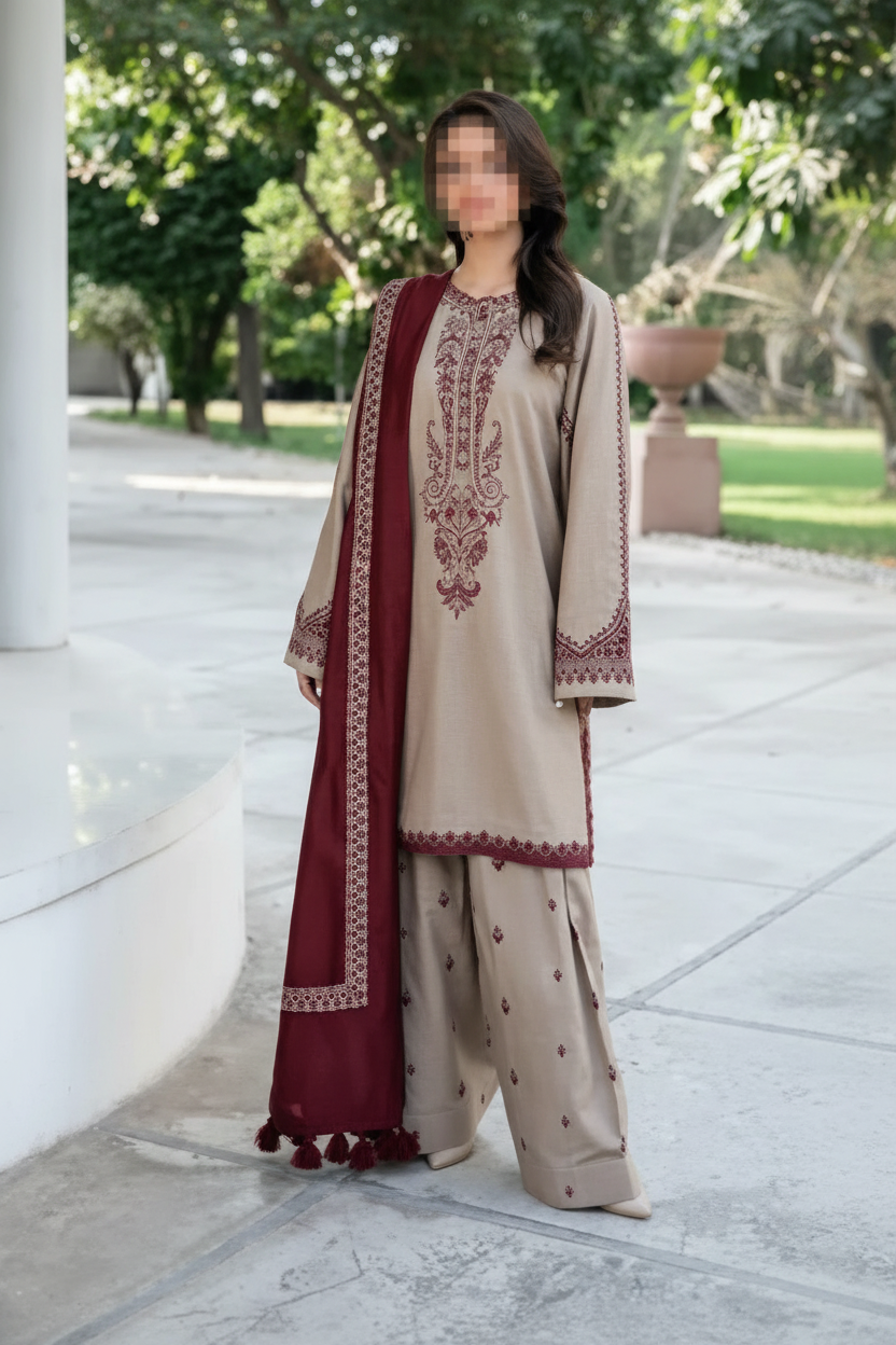 Enhanced 2K Beige Maroon Embroidered Outfit Outdoor Setting - 266x400