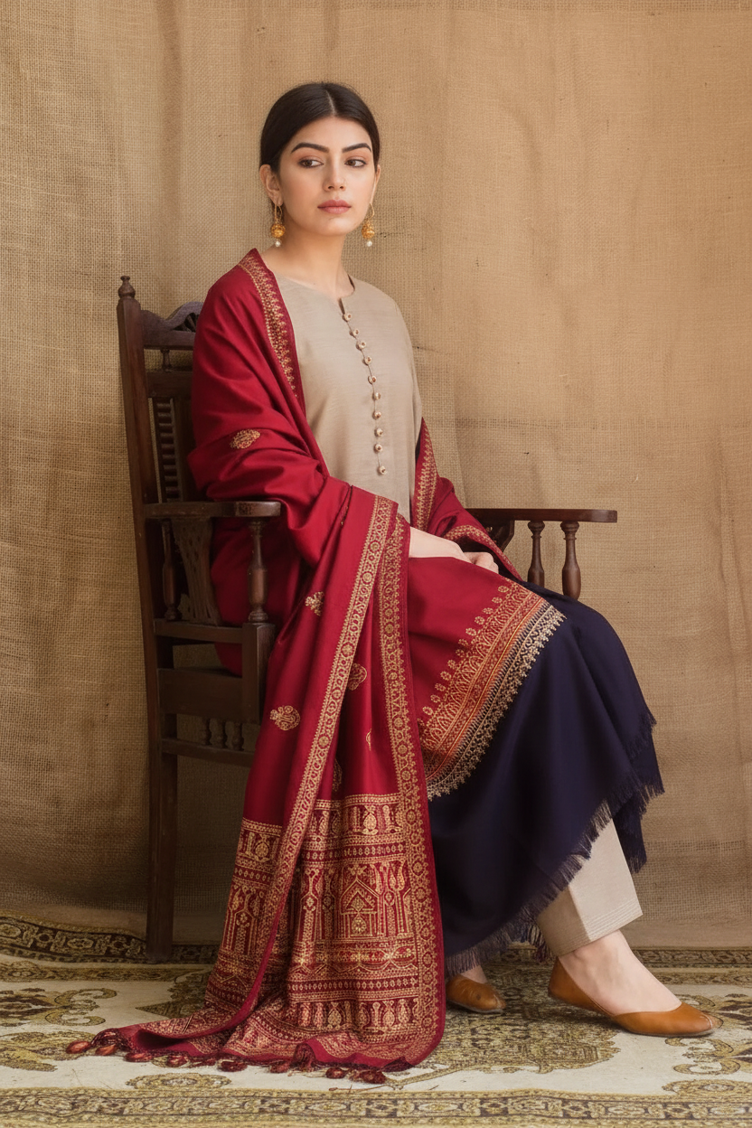 Enhanced 2K Beige Maroon Navy Shawl Outfit Heritage Setting - 266x400