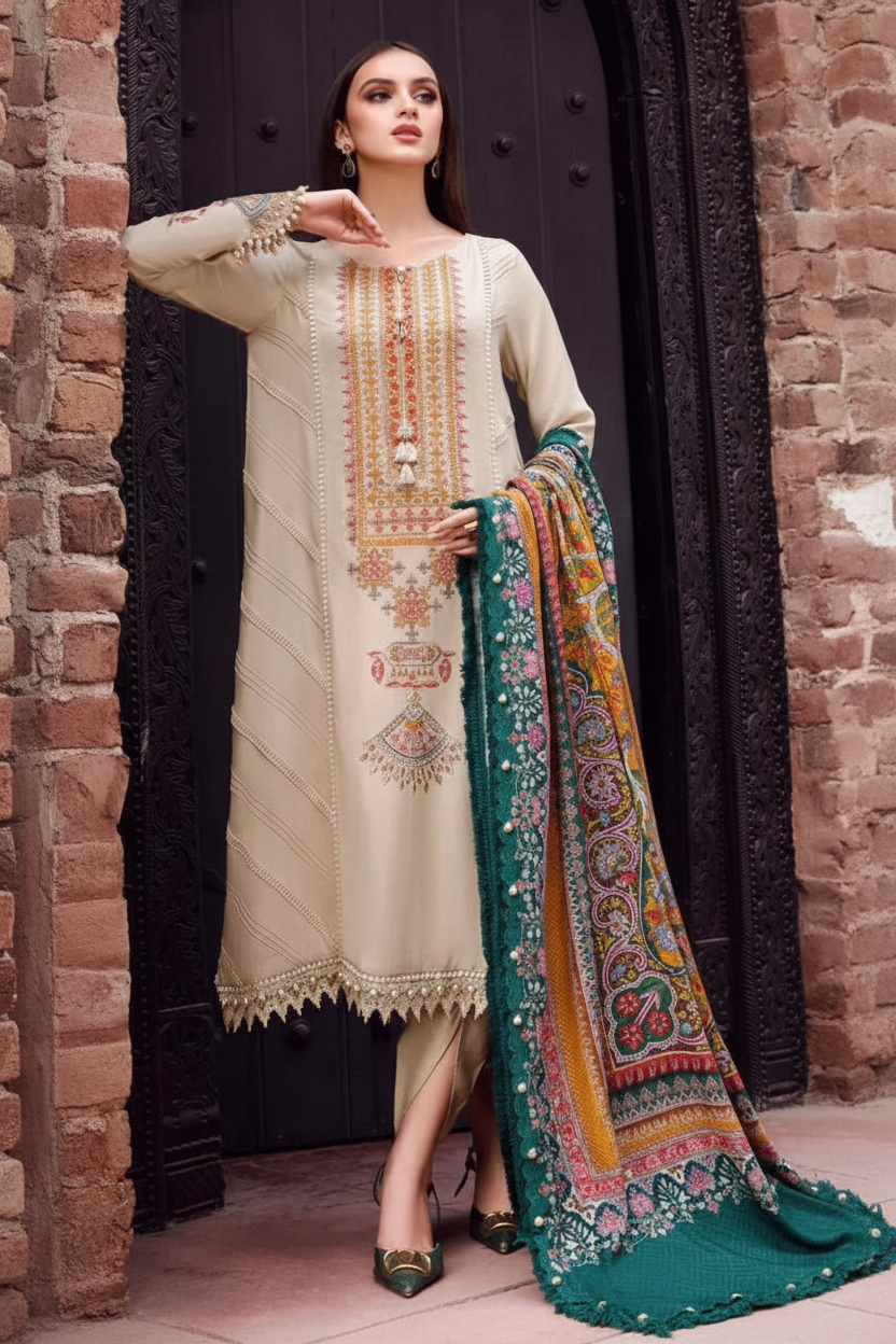 Enhanced 2K Beige Teal Embroidered Outfit - 266x400