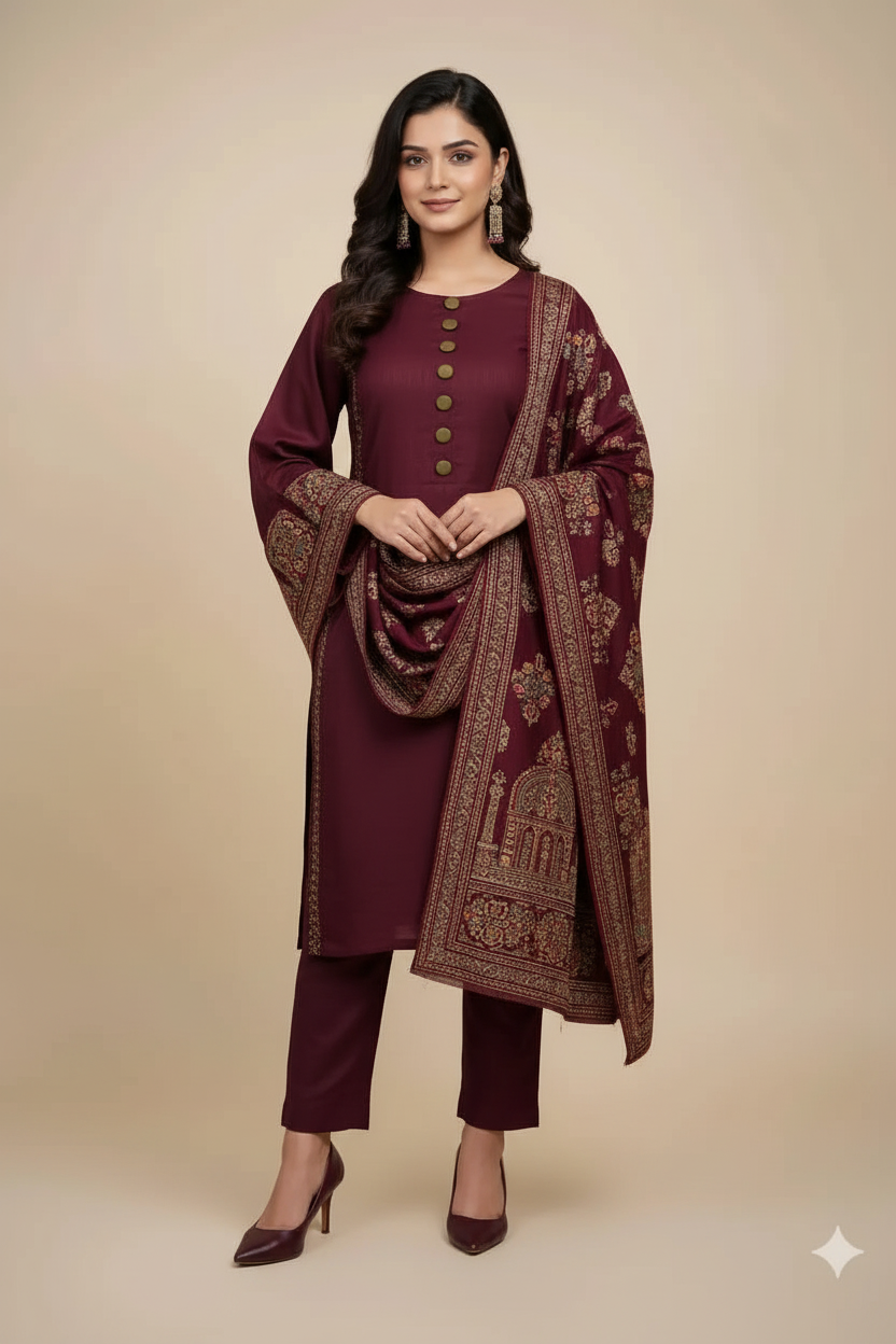 Enhanced 2K Burgundy Embroidered Shawl Outfit - 266x400