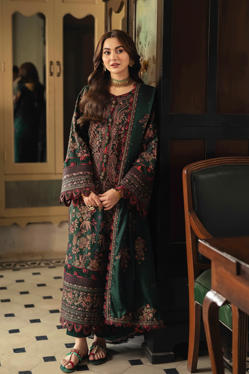 Enhanced 2K Green Heavily Embroidered Velvet Outfit - 266x400