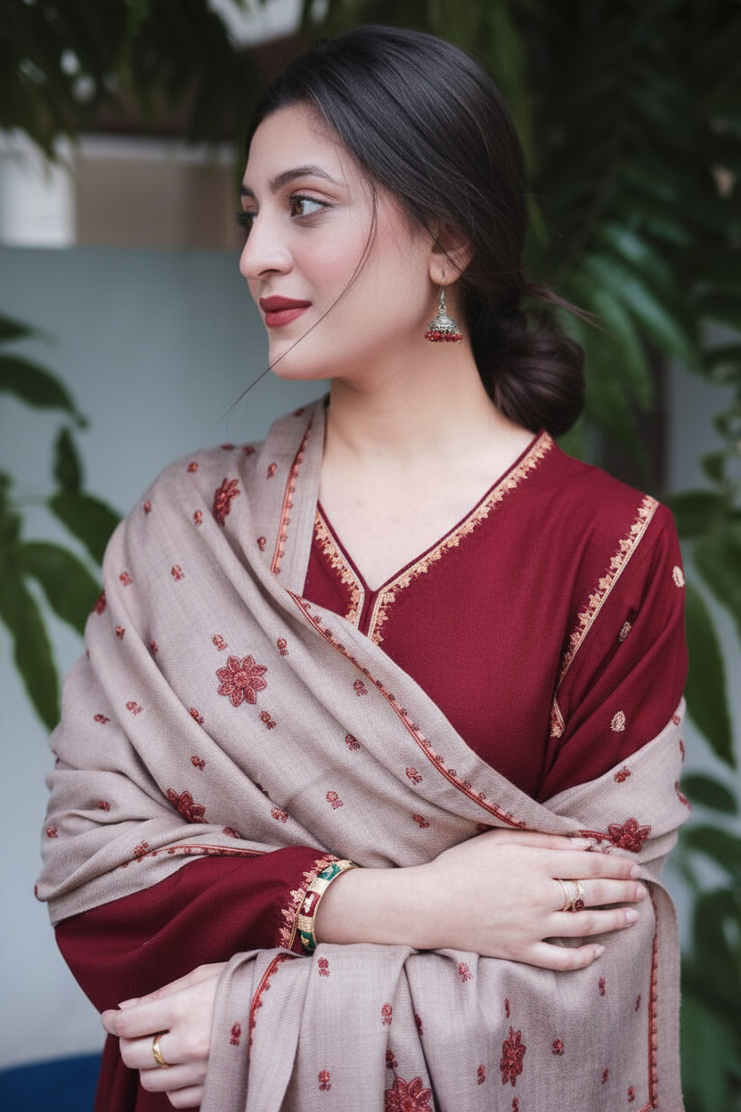 Enhanced 2K Maroon Beige Embroidered Outfit Close-up - 266x400