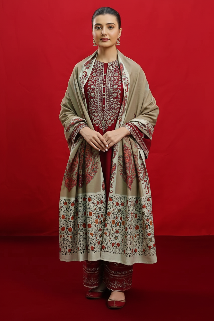 Enhanced 2K Maroon Cream Embroidered Shawl Outfit - 266x400