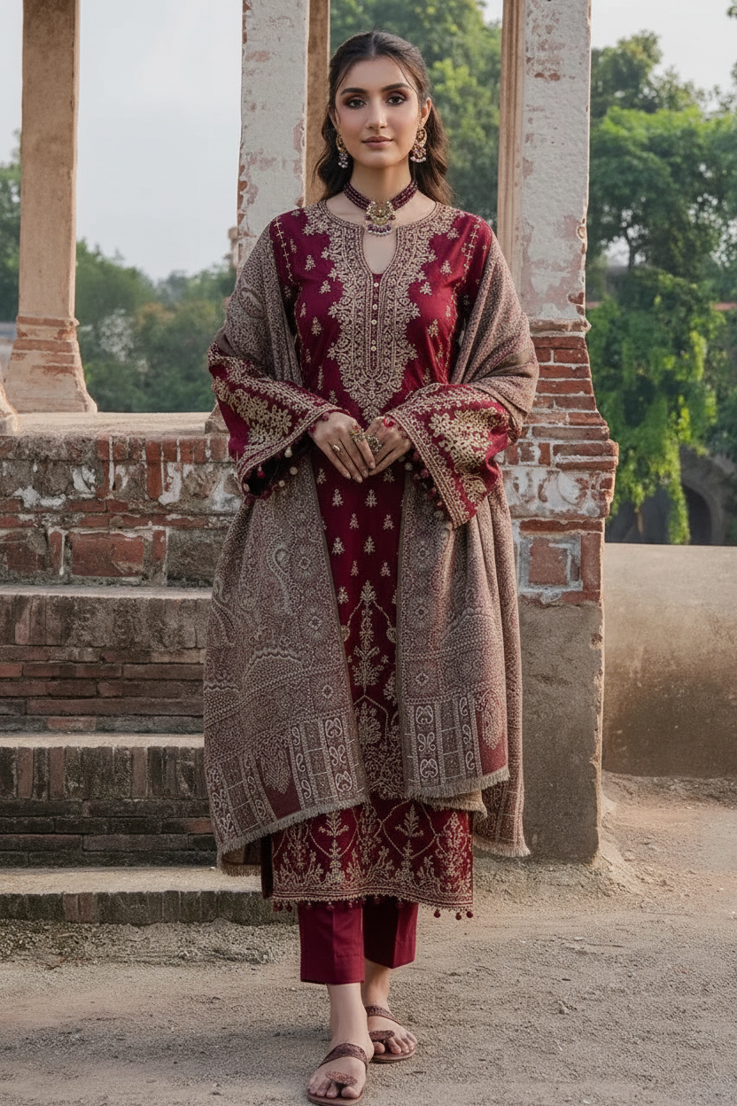 Enhanced 2K Maroon Cream Pashmina Shawl Outfit Heritage Setting - 266x400