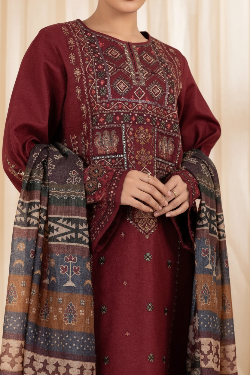 Enhanced 2K Maroon Embroidered Outfit Close-up Dupatta Detail - 266x400