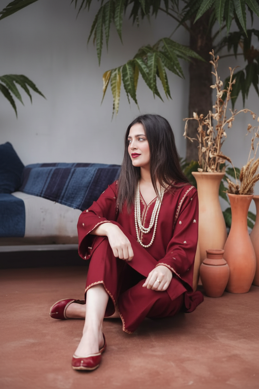 Enhanced 2K Maroon Embroidered Outfit Seated Lifestyle - 266x400
