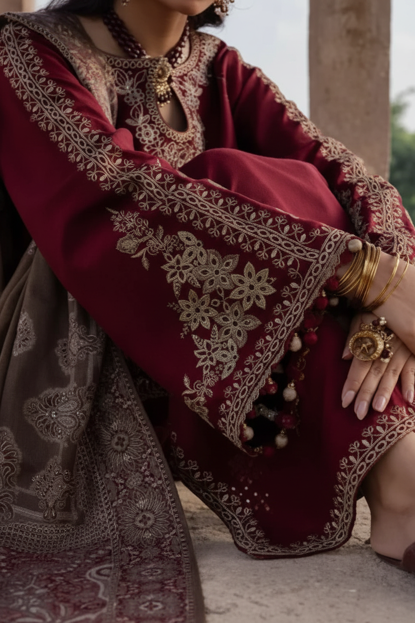 Enhanced 2K Maroon Outfit Embroidery Detail Close-up - 266x400