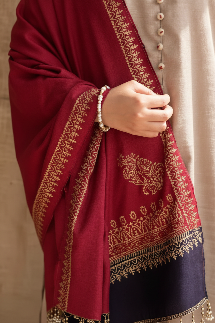 Enhanced 2K Maroon Shawl Embroidery Detail Close-up - 266x400