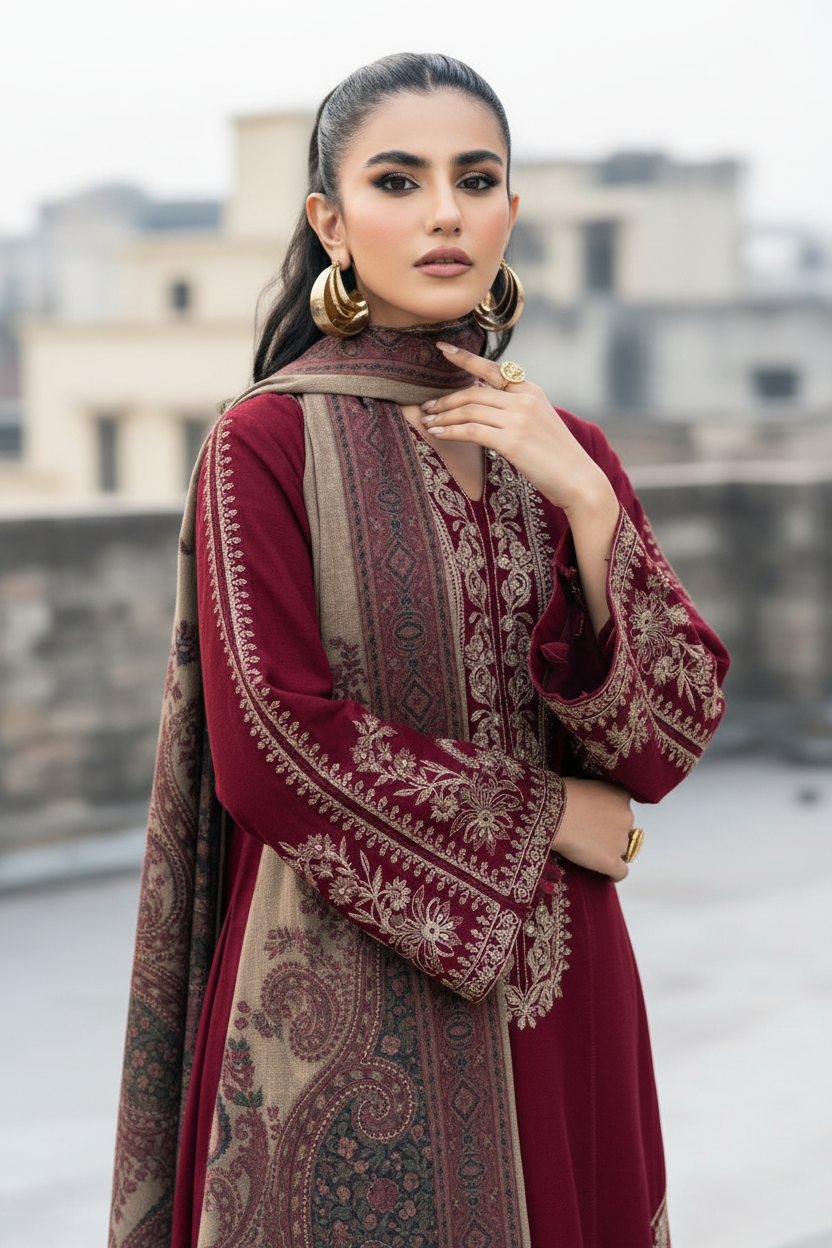 Enhanced 2K Maroon Velvet Embroidered Outfit Close-up - 266x400