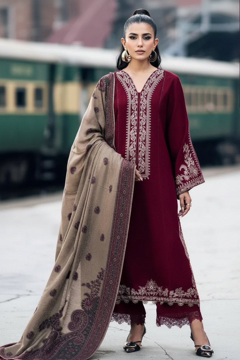 Enhanced 2K Maroon Velvet Embroidered Outfit Full Length - 266x400