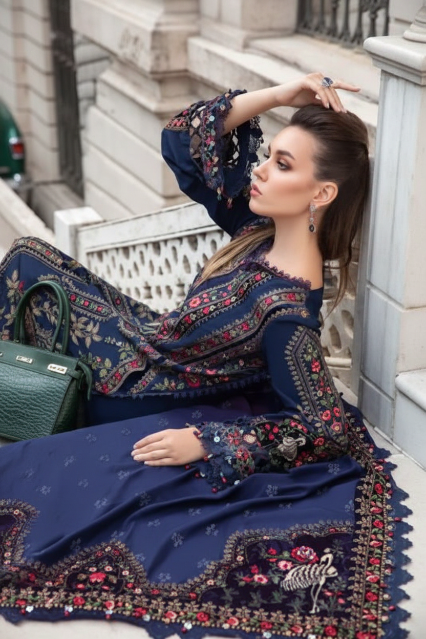 Enhanced 2K Navy Blue Embroidered Outfit Zoomed Close-up - 266x400