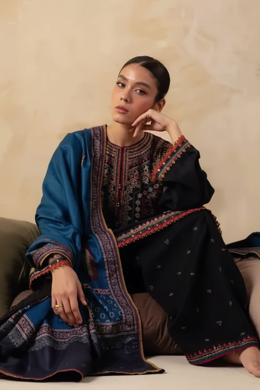 Enhanced 2K Teal Black Embroidered Outfit Seated Pose - 266x400