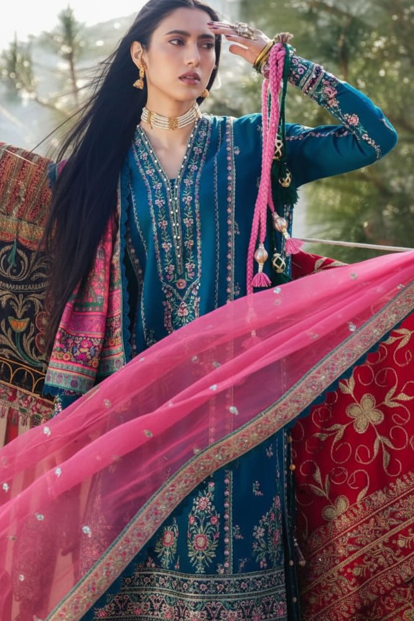 Enhanced 2K Teal Pink Heavily Embroidered Velvet Outfit - 266x400