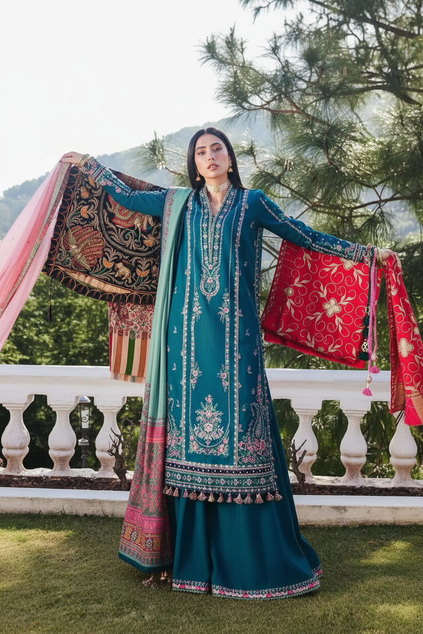 Enhanced 2K Teal Velvet Embroidered Outfit Multiple Dupattas - 266x400