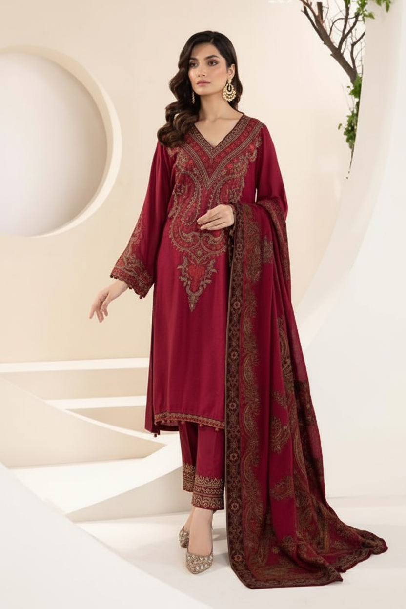 Enhanced HD Maroon Embroidered Outfit - Side View - 266x400