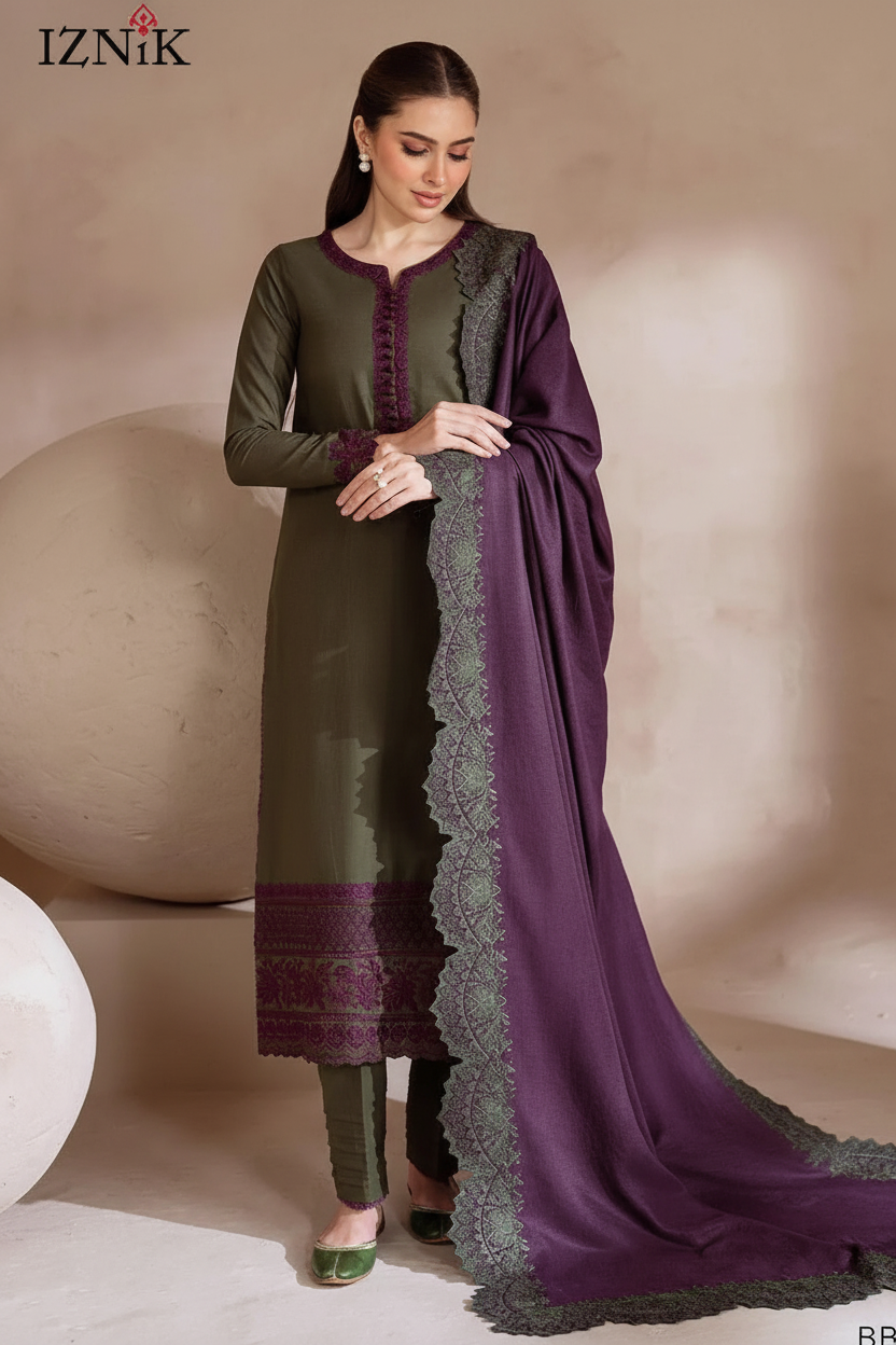 Enhanced Olive Green Purple Embroidered Outfit - 266x400